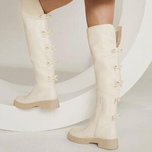 FSJ White Round Toe Side Zipper Low Block Heel Small Bow Over The Knee Boots